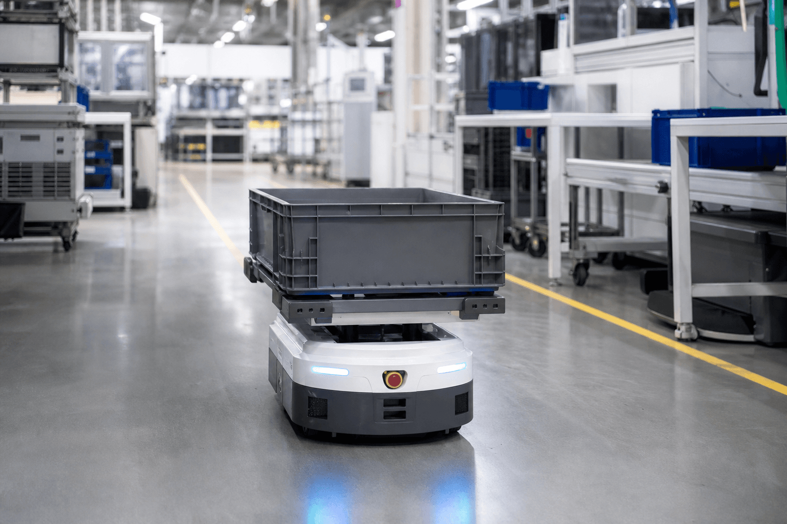 Photograph of AMRs / AGVs automation in a modern industrial facility
