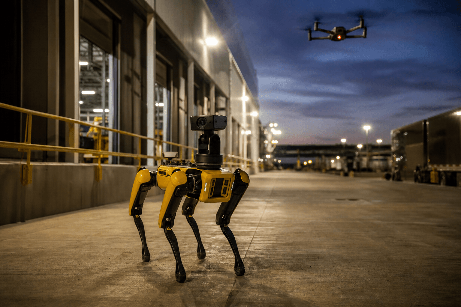 Photograph of Drone & Quadruped Security Patrol automation in a modern industrial facility