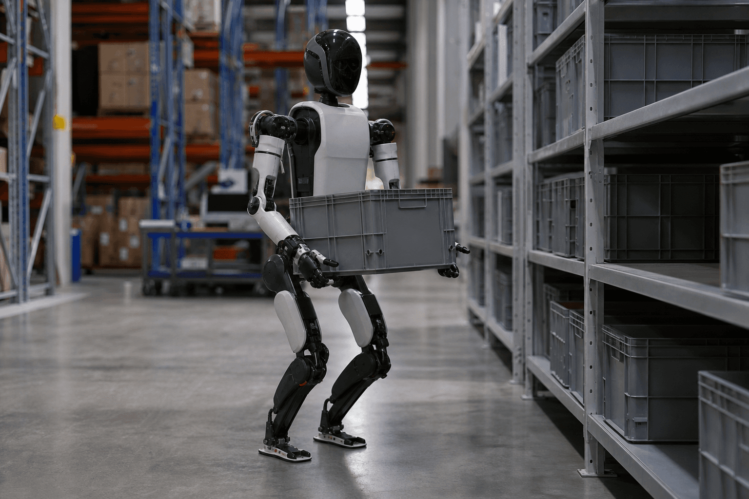 Photograph of Humanoid Logistics Robot automation in a modern industrial facility