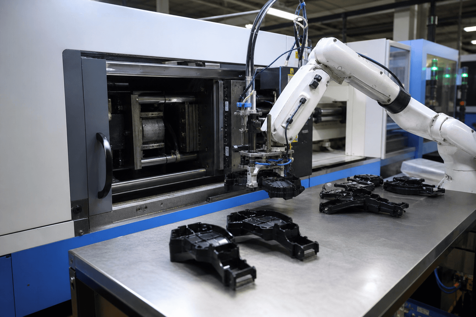 Photograph of Injection Molding Machine Tending automation in a modern industrial facility