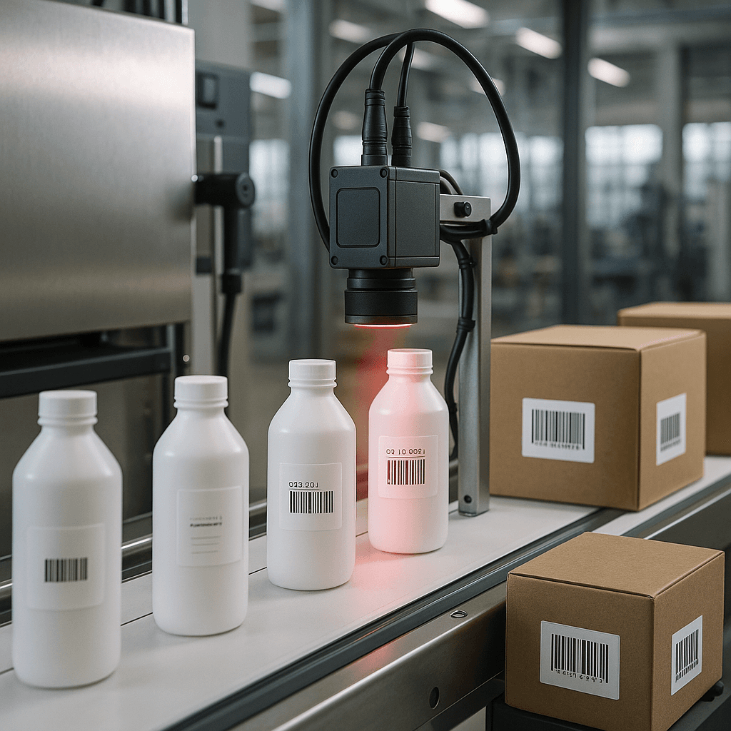 Photograph of Label / Barcode / Date-Code Verification automation in a modern industrial facility