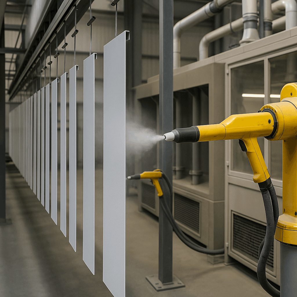 Photograph of Powder Coating automation in a modern industrial facility