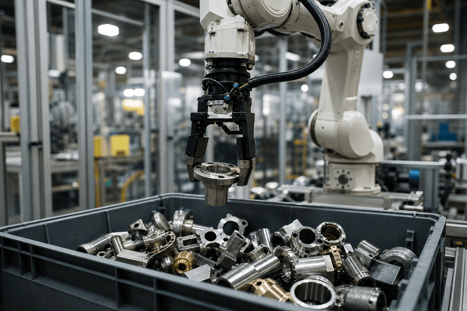 Photograph of Robotic Bin Picking automation in a modern industrial facility