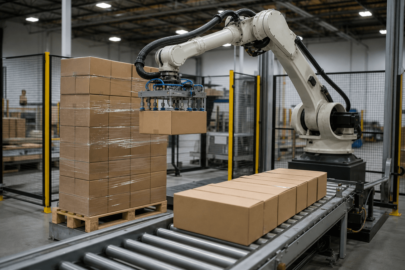 Photograph of Robotic Depalletizing automation in a modern industrial facility