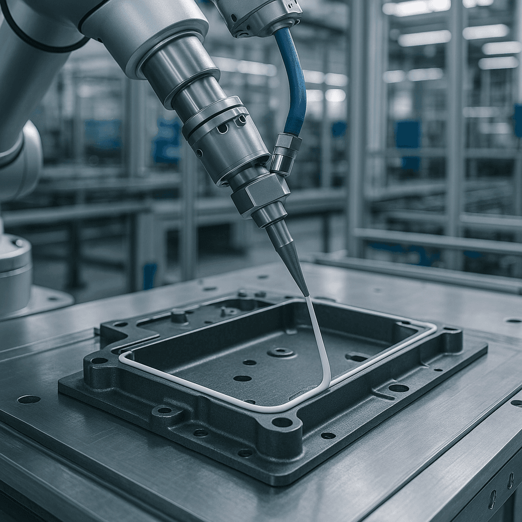 Photograph of Robotic Dispensing & Adhesive Application automation in a modern industrial facility