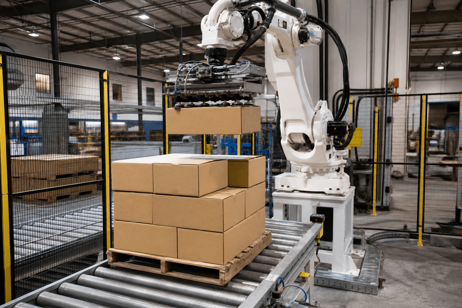 Photograph of Robotic Palletizing automation in a modern industrial facility