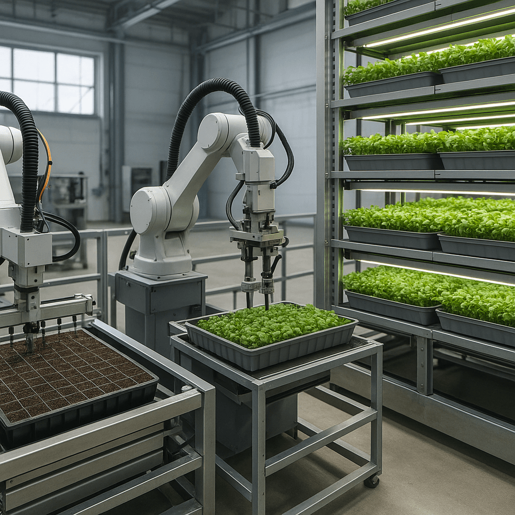 Photograph of Vertical Farming automation in a modern industrial facility