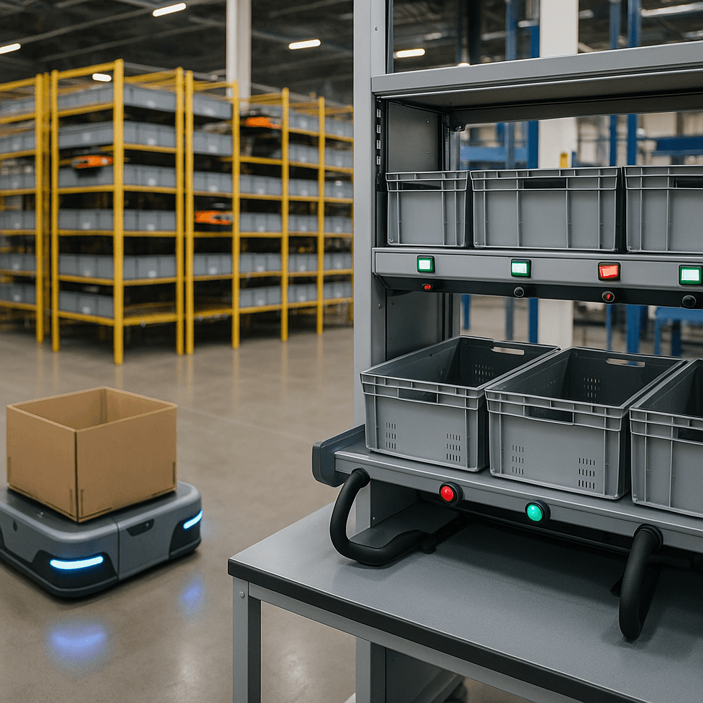 Photograph of Warehouse Order Picking & Goods-to-Person automation in a modern industrial facility
